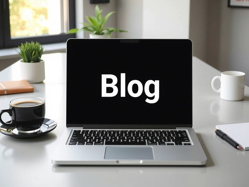 Digital blog concept with open laptop, coffee, and creative workspace