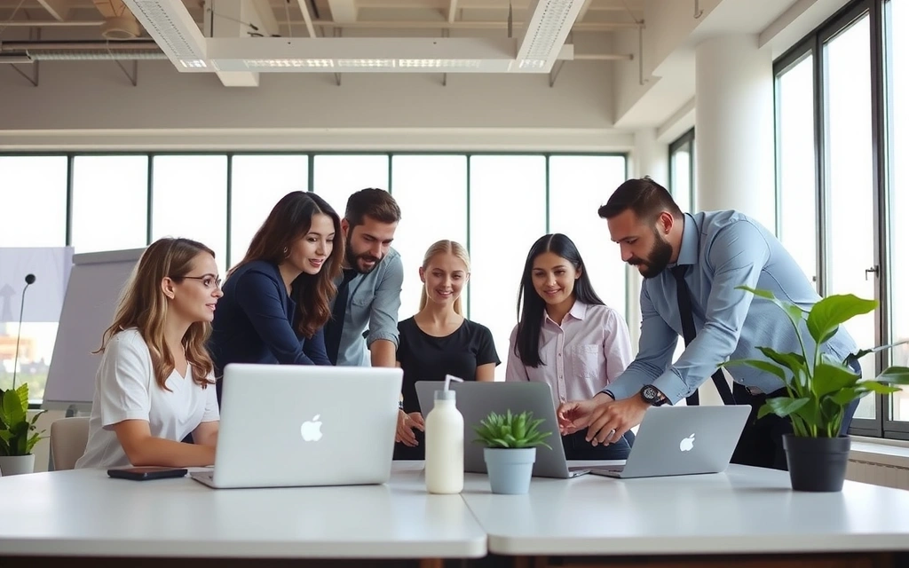 Profesionální tým pracuje na digitálním projektu v moderní kanceláři