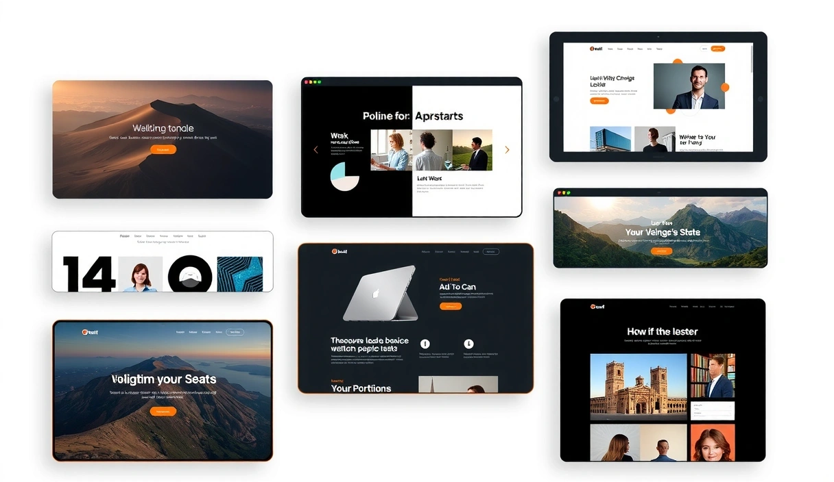 Creative portfolio showcase, various digital screens, modern, no text.
