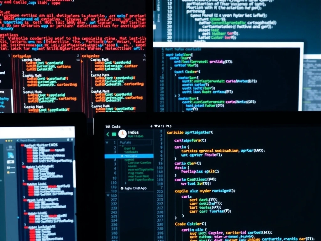 Code snippets on multiple screens showing web development process