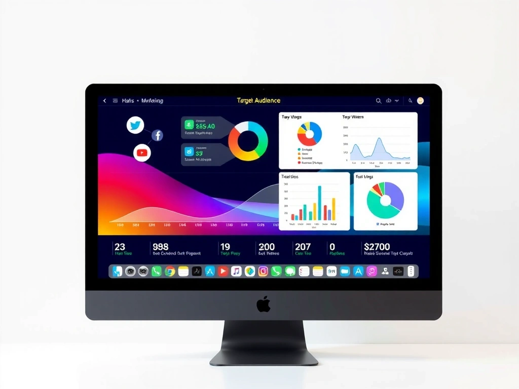 Digital marketing dashboard with charts and social media icons