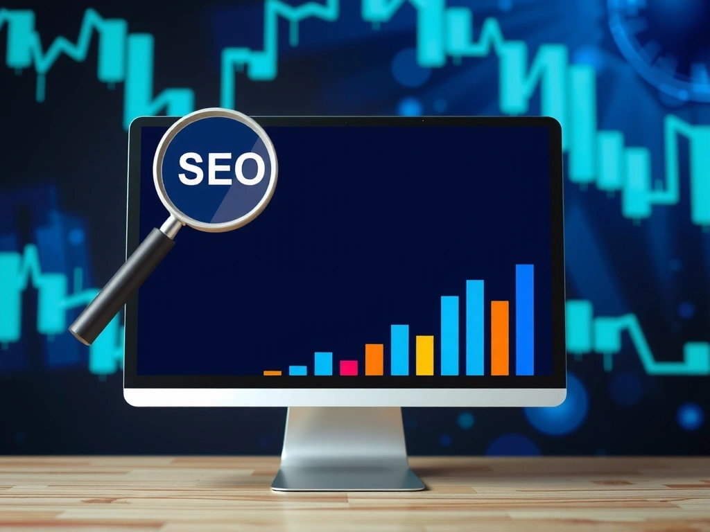 SEO optimization elements on a screen, magnifying glass, keywords, graphs