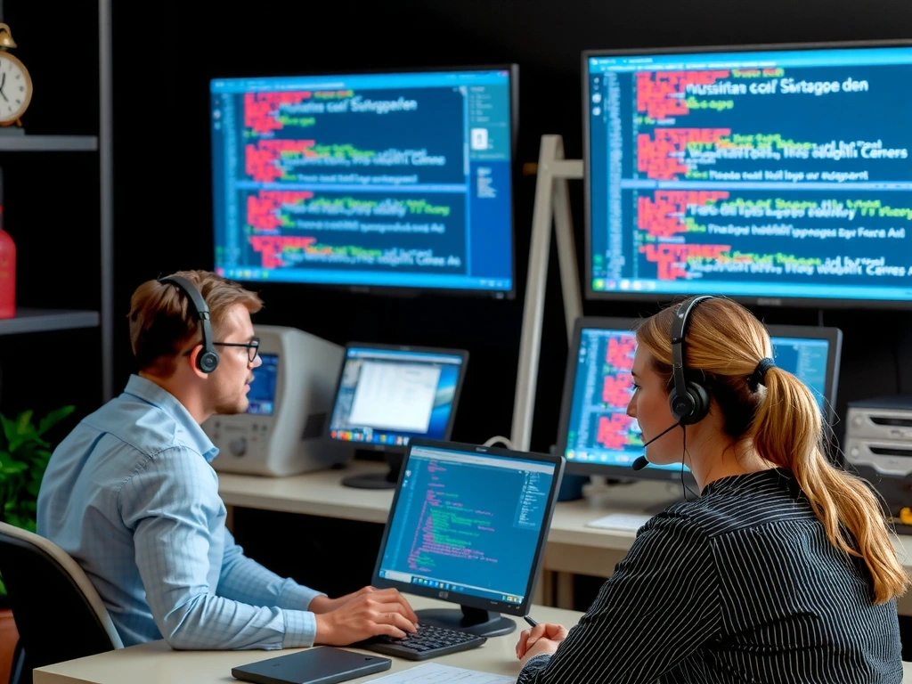 Technical support team working on computers, showing maintenance and security